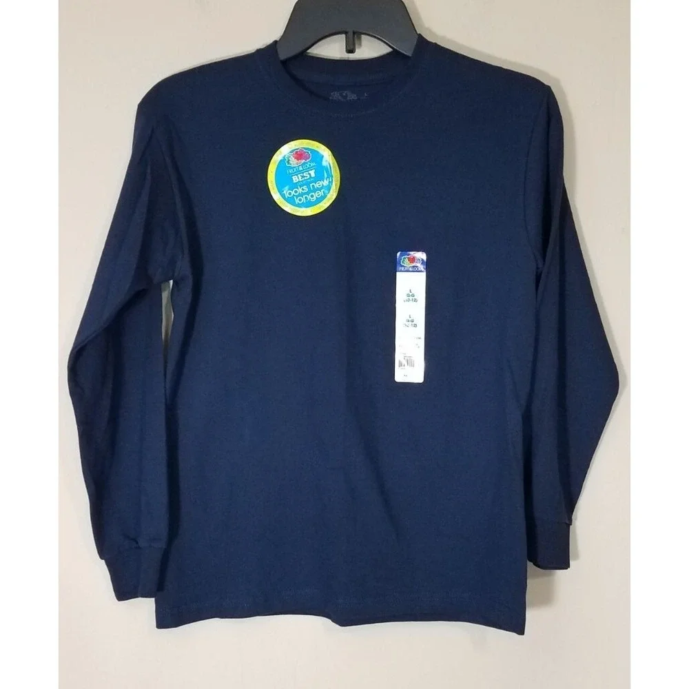 2-Fruit of the Loom Long Sleeve Crew Shirts Boys L (10-12) Blue Tees Cotton‎ NEW